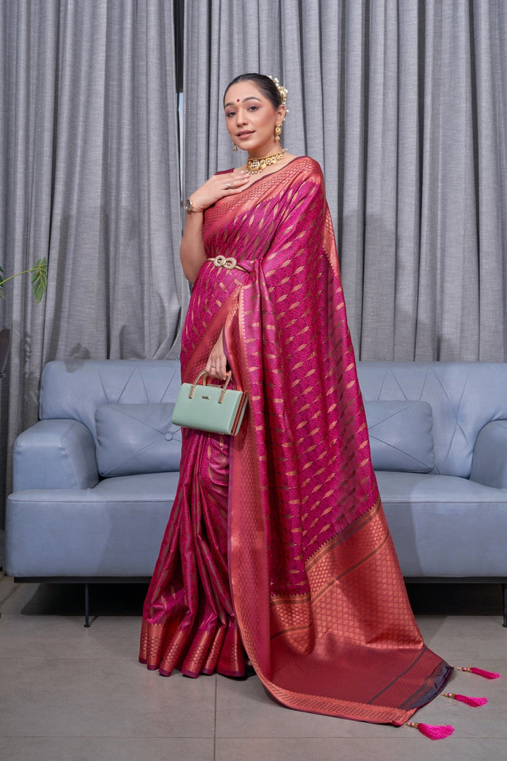 Gossamer Dark Pink Soft Silk Saree With Conflate Blouse Piece