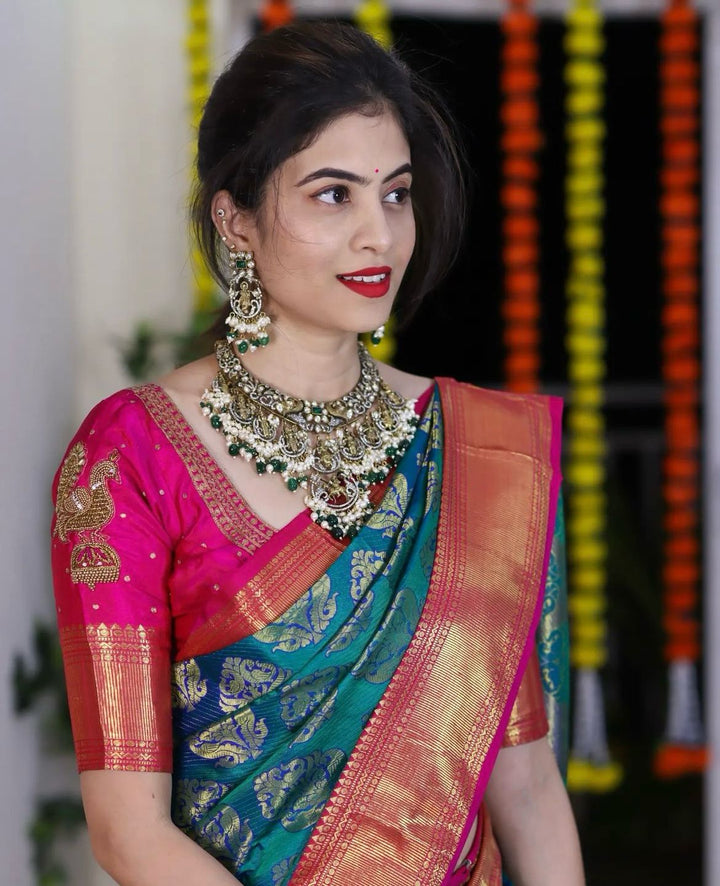 Transcendent Rama Soft Silk Saree With Radiant Blouse Piece