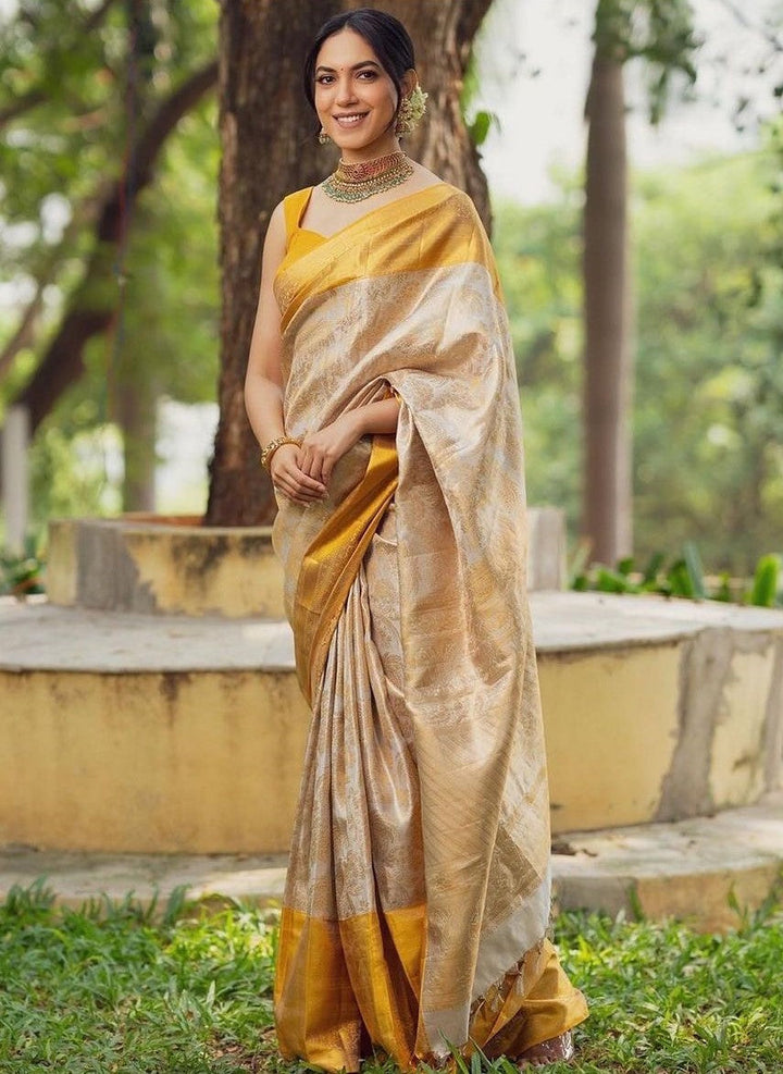 Imbrication Beige Soft Silk Saree With Embellished Blouse Piece