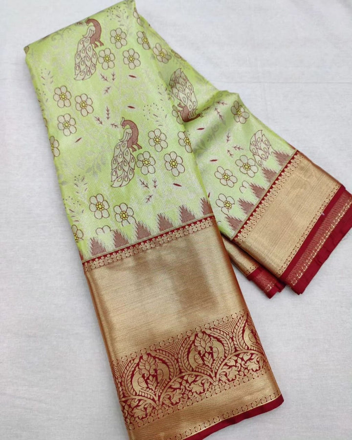 Efflorescence Pista Soft Silk Saree With Imbrication Blouse Piece