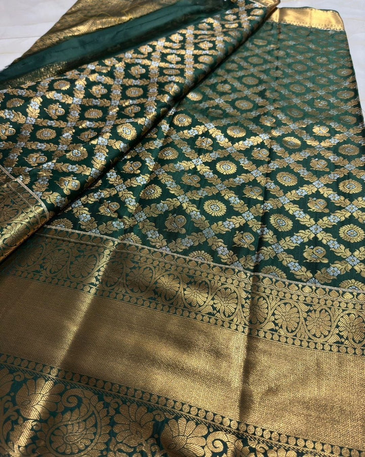 Glorious Dark Green Soft Silk Saree With Elision Blouse Piece