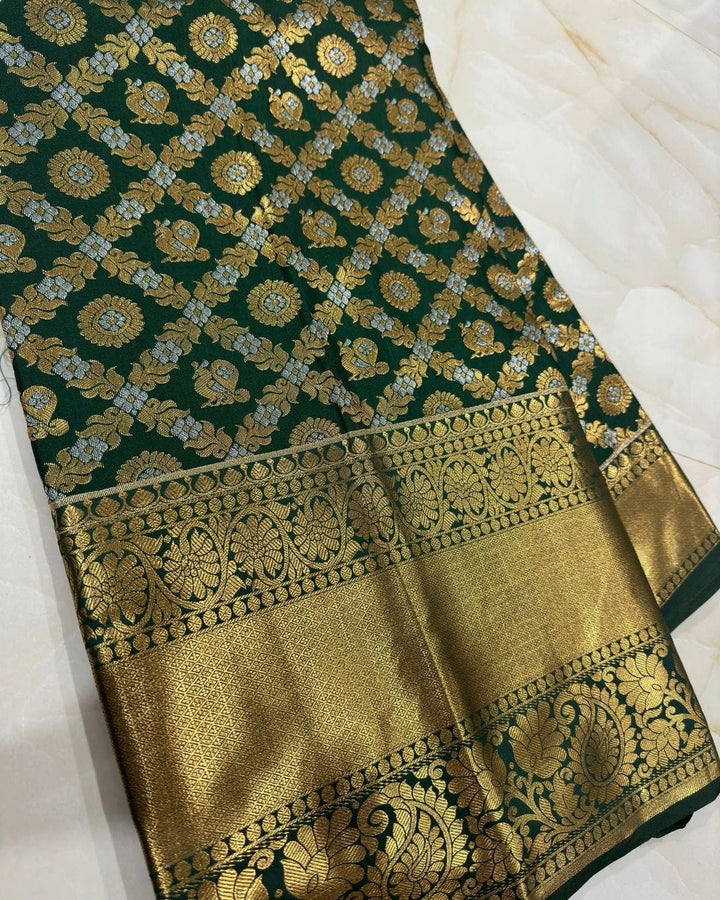 Glorious Dark Green Soft Silk Saree With Elision Blouse Piece