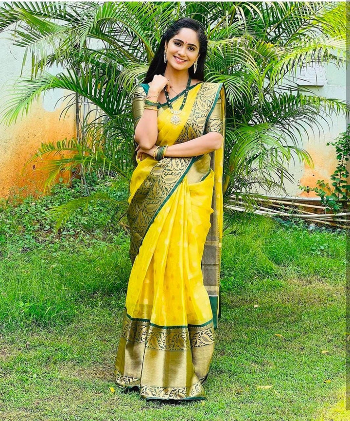 Glorious Yellow Soft Silk Saree With Adorable Blouse Piece