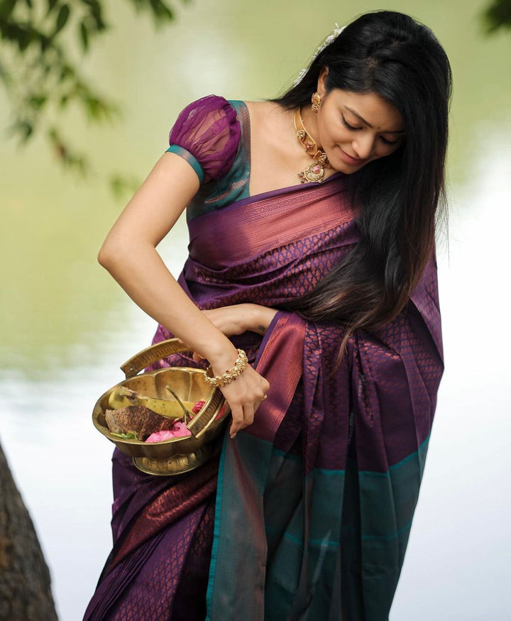 Enticing Purple Soft Silk Saree With Inspiring Blouse Piece