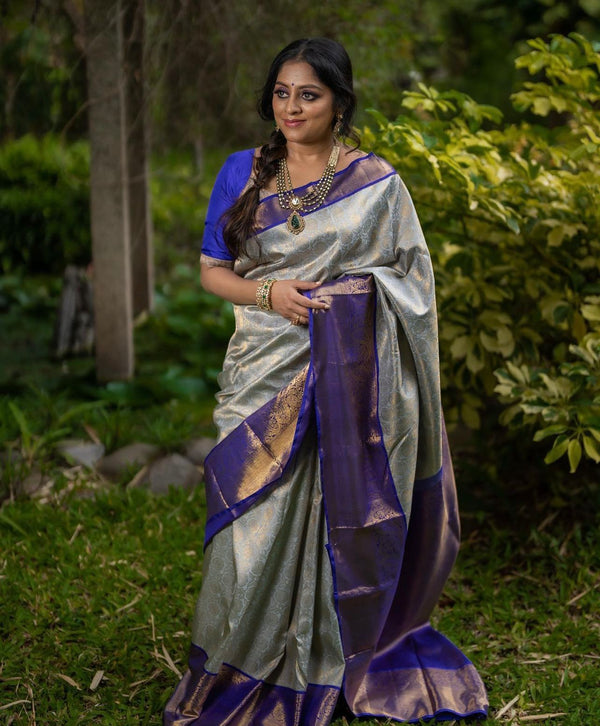 Engaging Grey Soft Silk Saree With Ratatouille Blouse Piece