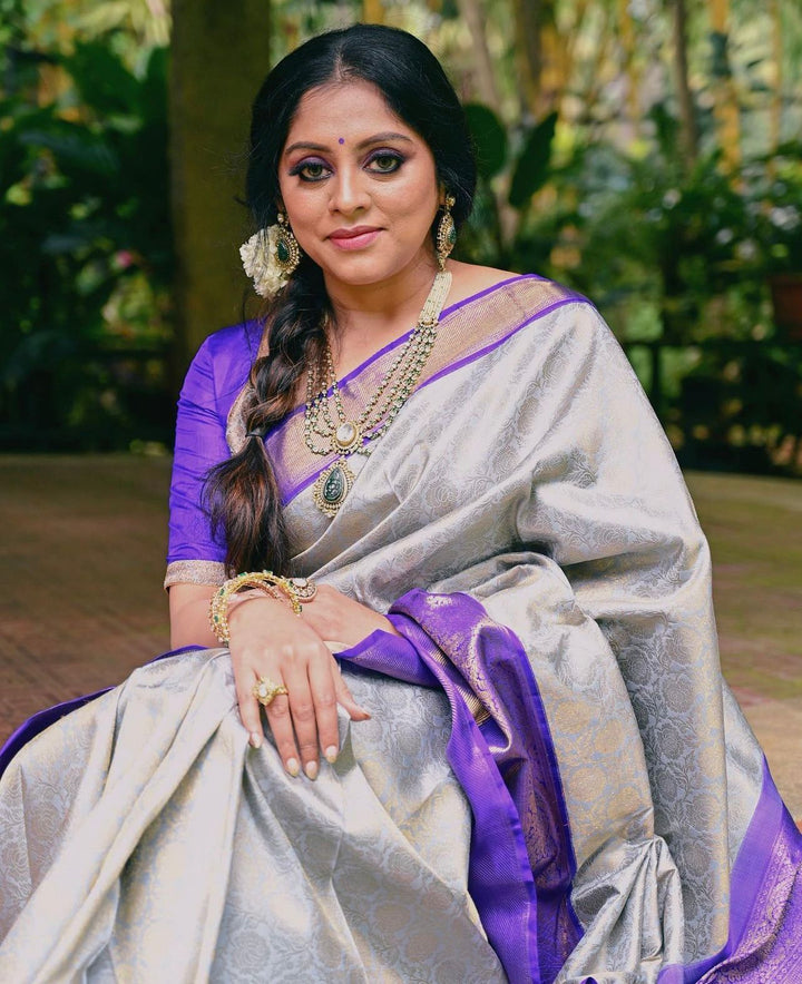 Engaging Grey Soft Silk Saree With Ratatouille Blouse Piece