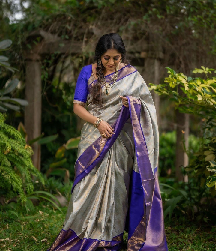 Engaging Grey Soft Silk Saree With Ratatouille Blouse Piece