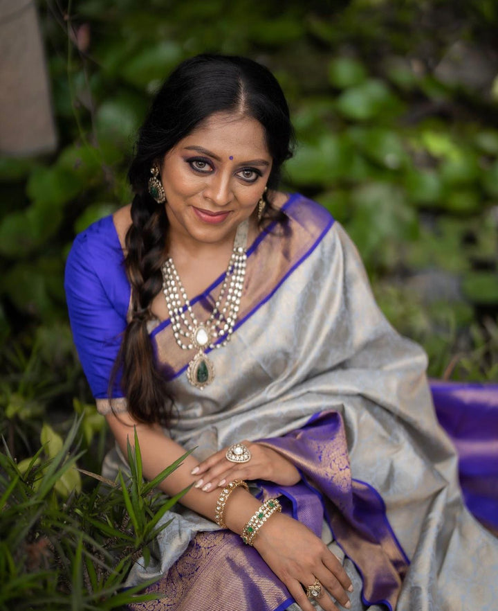 Engaging Grey Soft Silk Saree With Ratatouille Blouse Piece