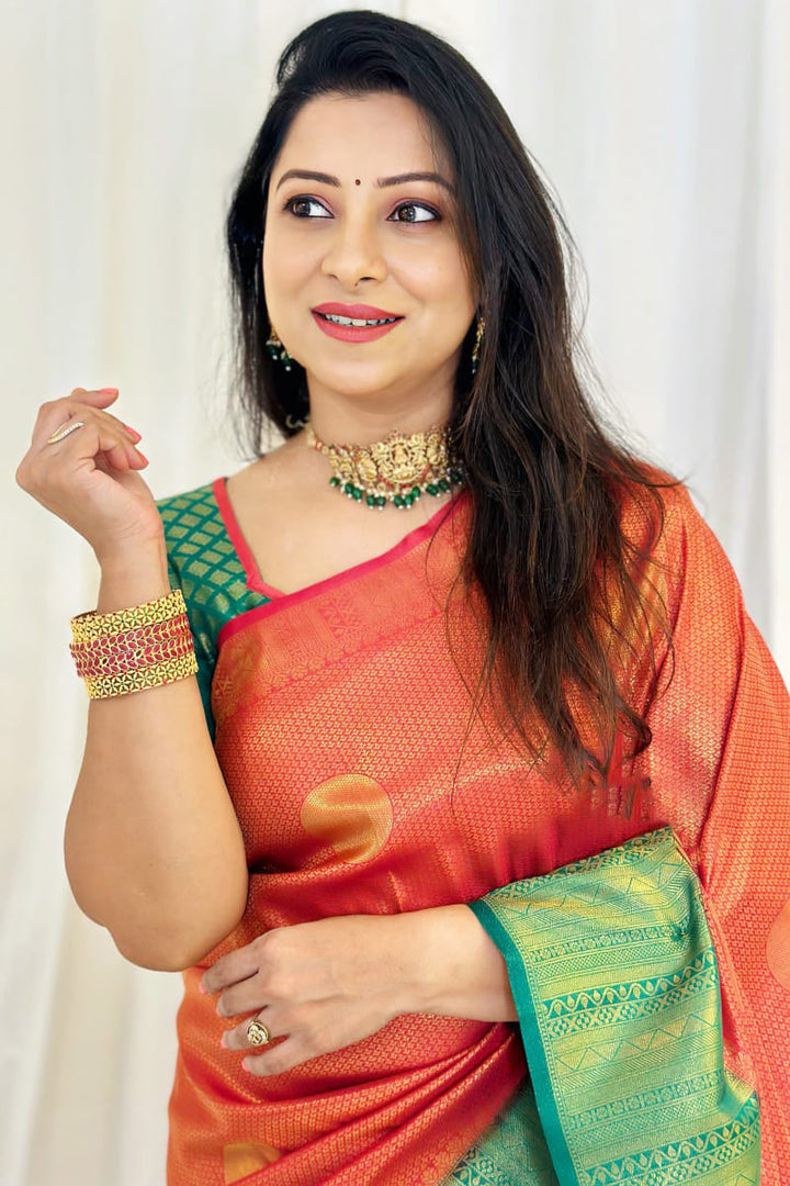 Fantabulous Red Soft Silk Saree With Profuse Blouse Piece