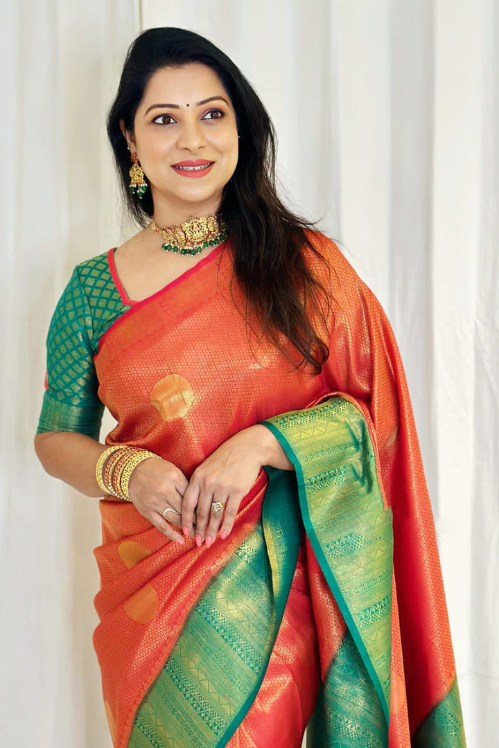 Fantabulous Red Soft Silk Saree With Profuse Blouse Piece