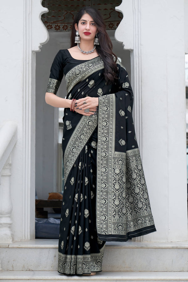 Engrossing Black Soft Silk Saree With Super classy Blouse Piece