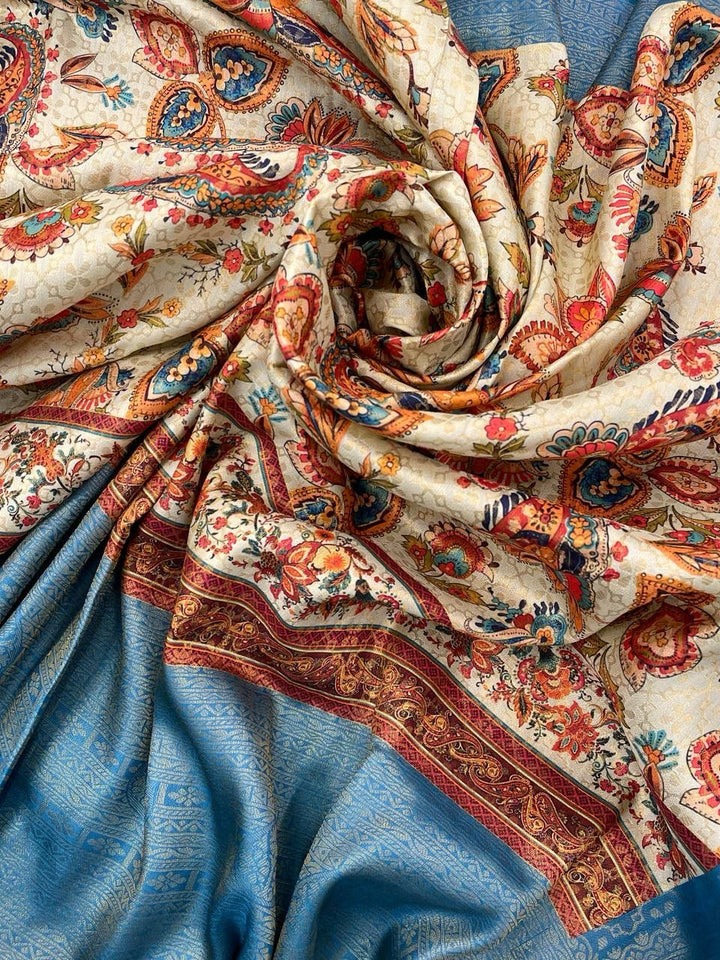 Extraordinary Beige Digital Printed Soft Silk Saree With Staring Blouse Piece