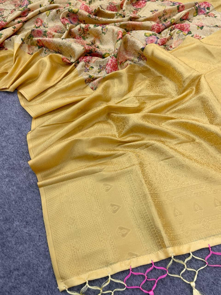 Refreshing Beige Digital Printed Soft Silk Saree With Marvellous Blouse Piece