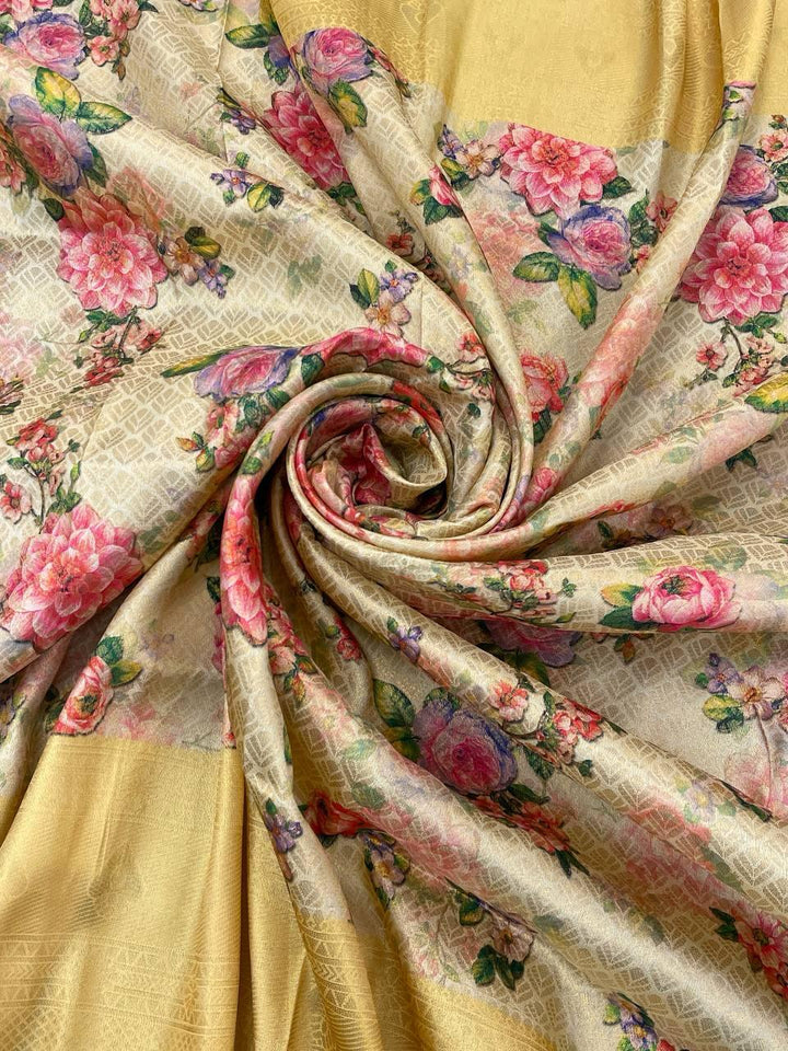 Refreshing Beige Digital Printed Soft Silk Saree With Marvellous Blouse Piece