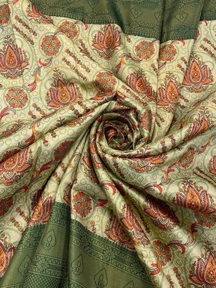 Glowing Beige Digital Printed Soft Silk Saree With Arresting Blouse Piece