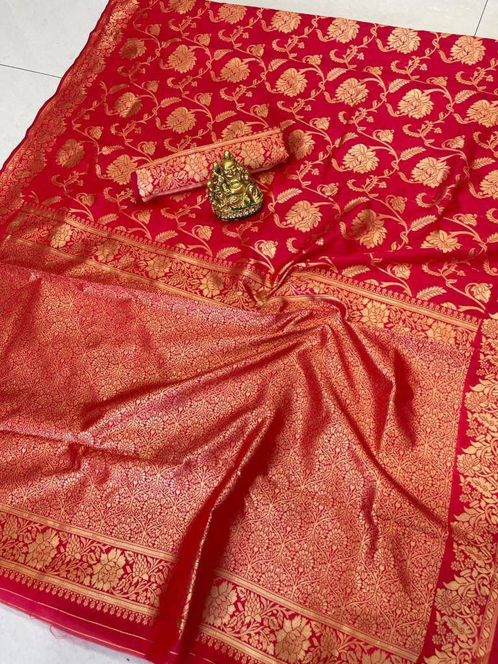 Flaunt Red Soft Banarasi Silk Saree Gleaming Blouse Piece