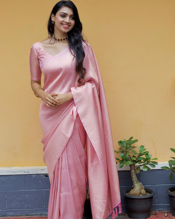 An Insanely Baby Pink Soft Silk Saree with Fairytale Blouse Piece