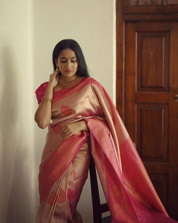 Elegant Peach Soft Silk Saree With Unique Blouse Piece