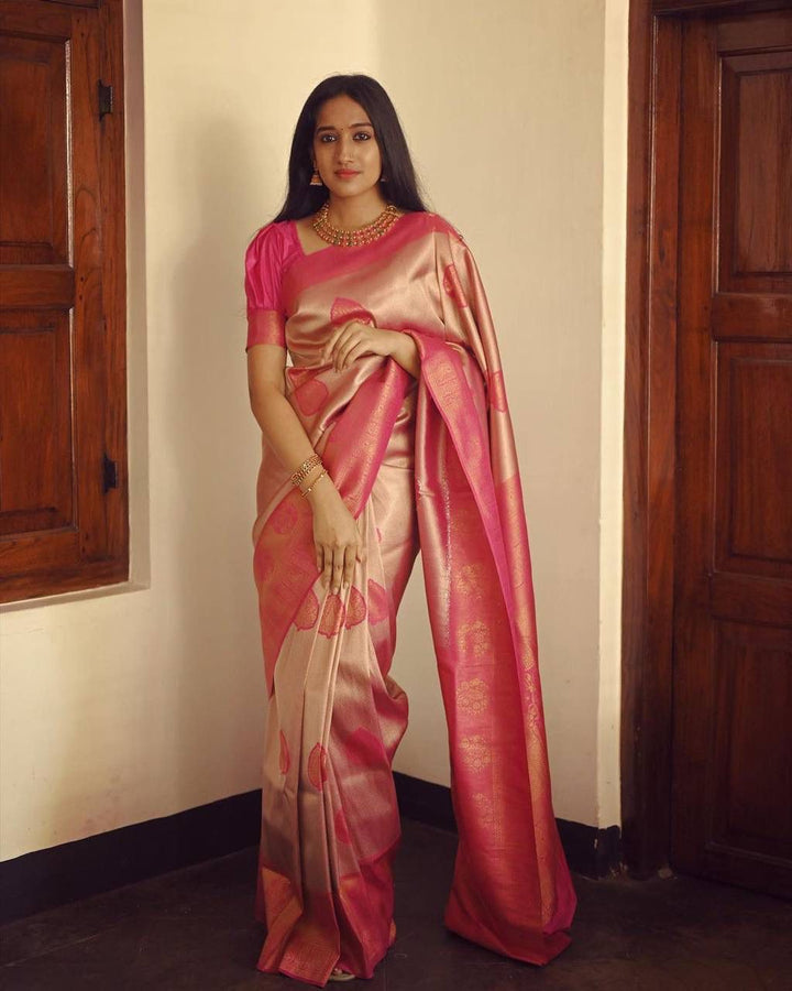 Elegant Peach Soft Silk Saree With Unique Blouse Piece