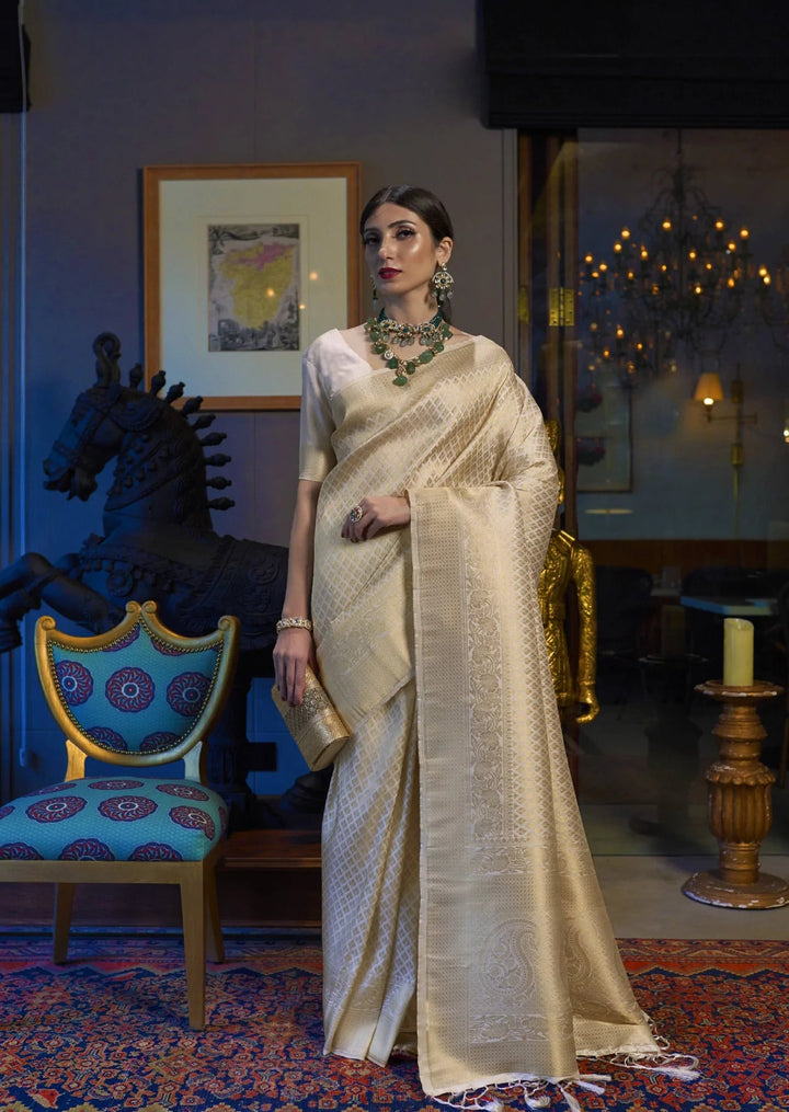 Demesne Beige Kanjivaram Silk Saree With Demure Blouse Piece