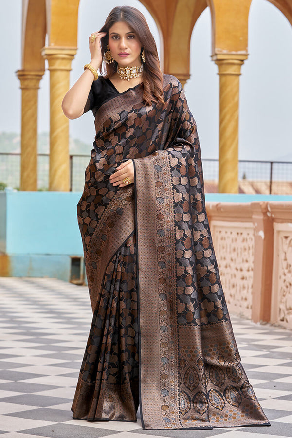 Beautiful Black Kanjivaram Silk Saree With Divine Blouse Piece