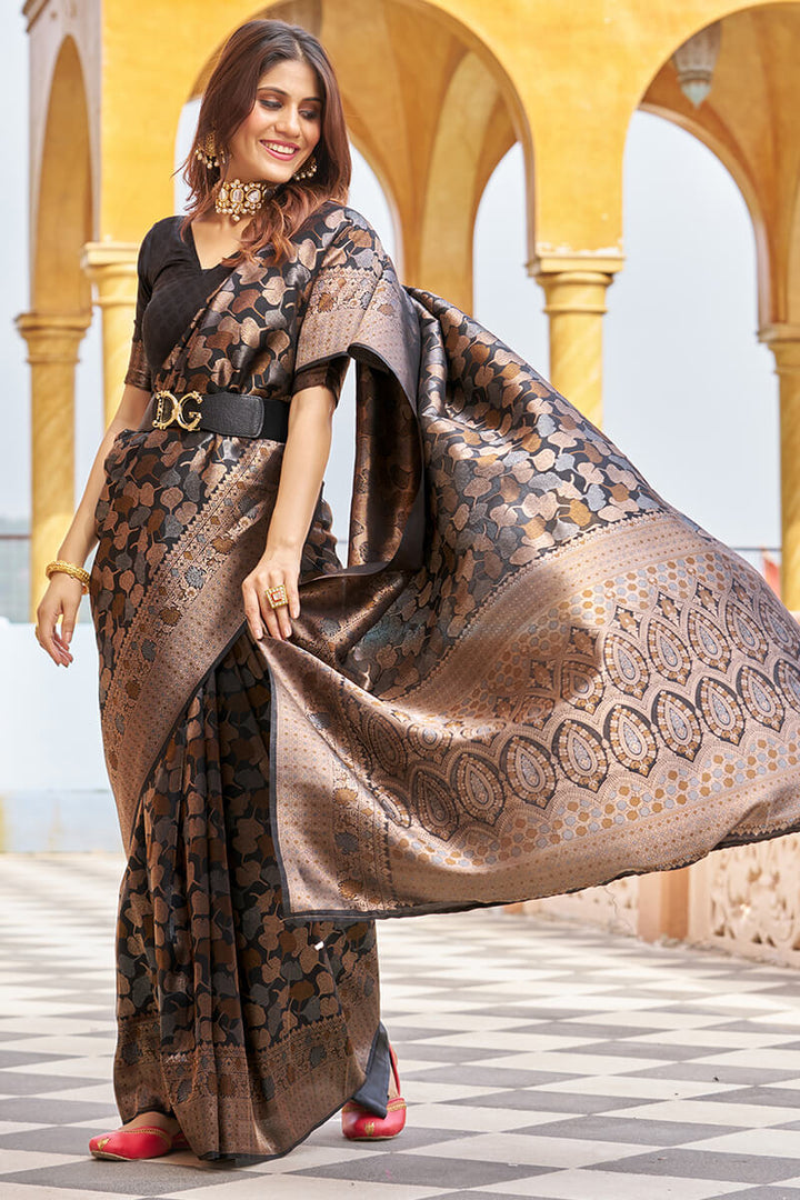 Beautiful Black Kanjivaram Silk Saree With Divine Blouse Piece