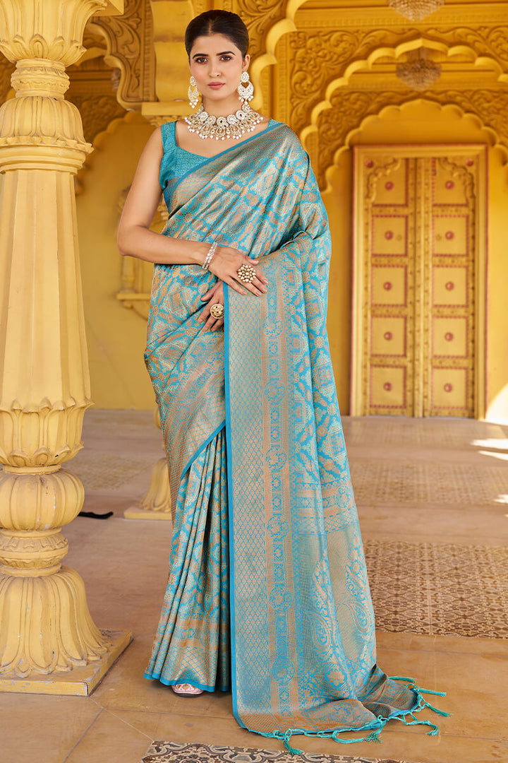 Comely Firozi Kanjivaram Silk Saree With Epiphany Blouse Piece