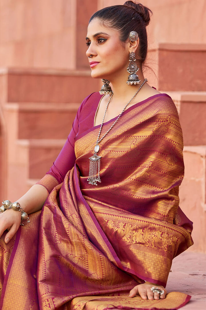 Adorable Purple Kanjivaram Silk Saree With Pleasant Blouse Piece