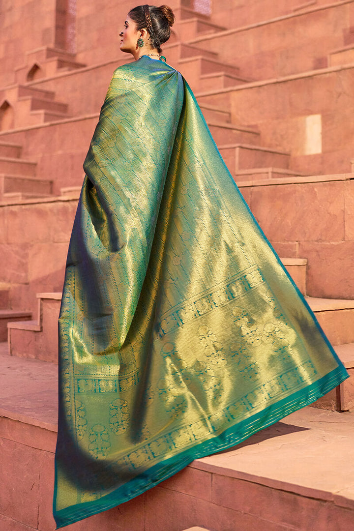 Exquisite Rama Kanjivaram Silk Saree With Classic Blouse Piece