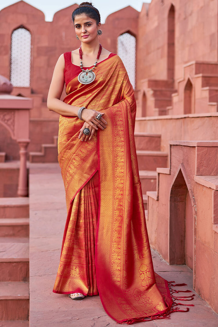 Assemblage Red Kanjivaram Silk Saree With Diaphanous Blouse Piece