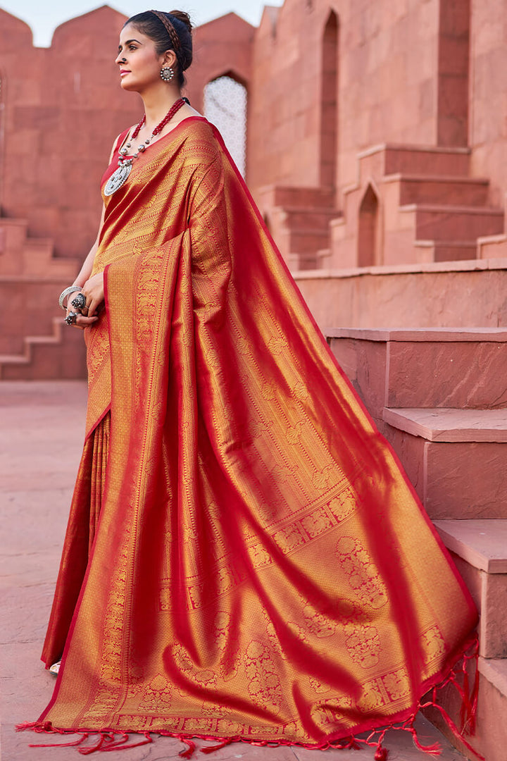 Assemblage Red Kanjivaram Silk Saree With Diaphanous Blouse Piece