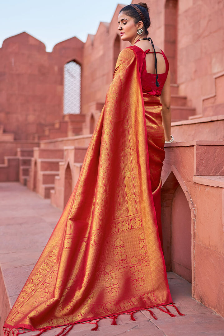 Assemblage Red Kanjivaram Silk Saree With Diaphanous Blouse Piece