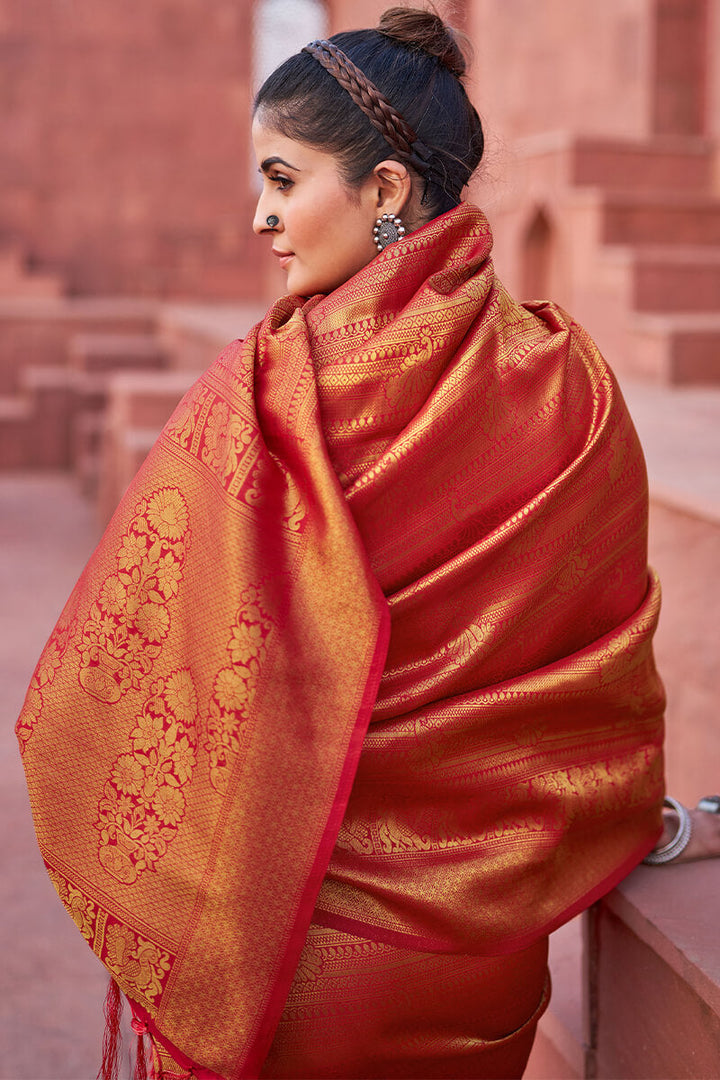 Assemblage Red Kanjivaram Silk Saree With Diaphanous Blouse Piece