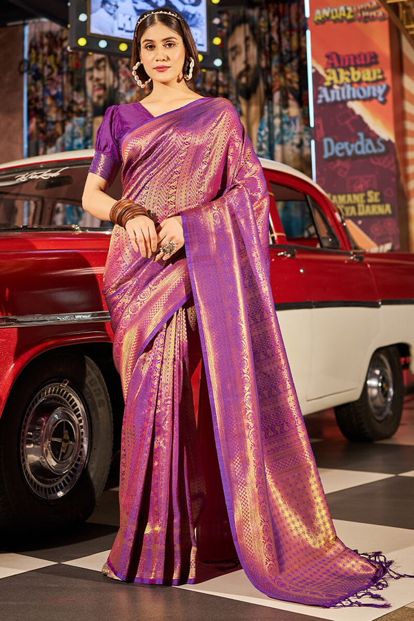 Fairytale Purple Kanjivaram Silk Saree With Assemblage Blouse Piece