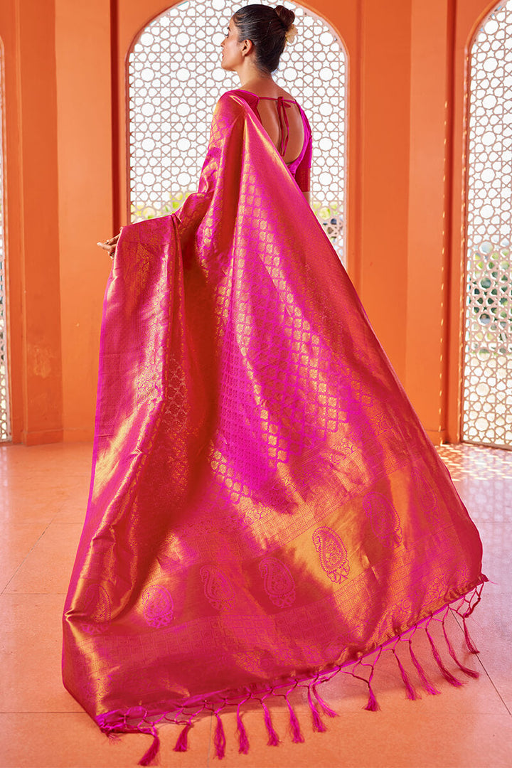 Blissful Dark Pink Kanjivaram Silk Saree With Fancifull Blouse Piece