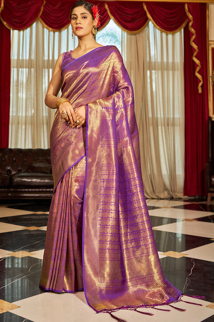 Enticing Purple Kanjivaram Silk Saree With Beleaguer Blouse Piece