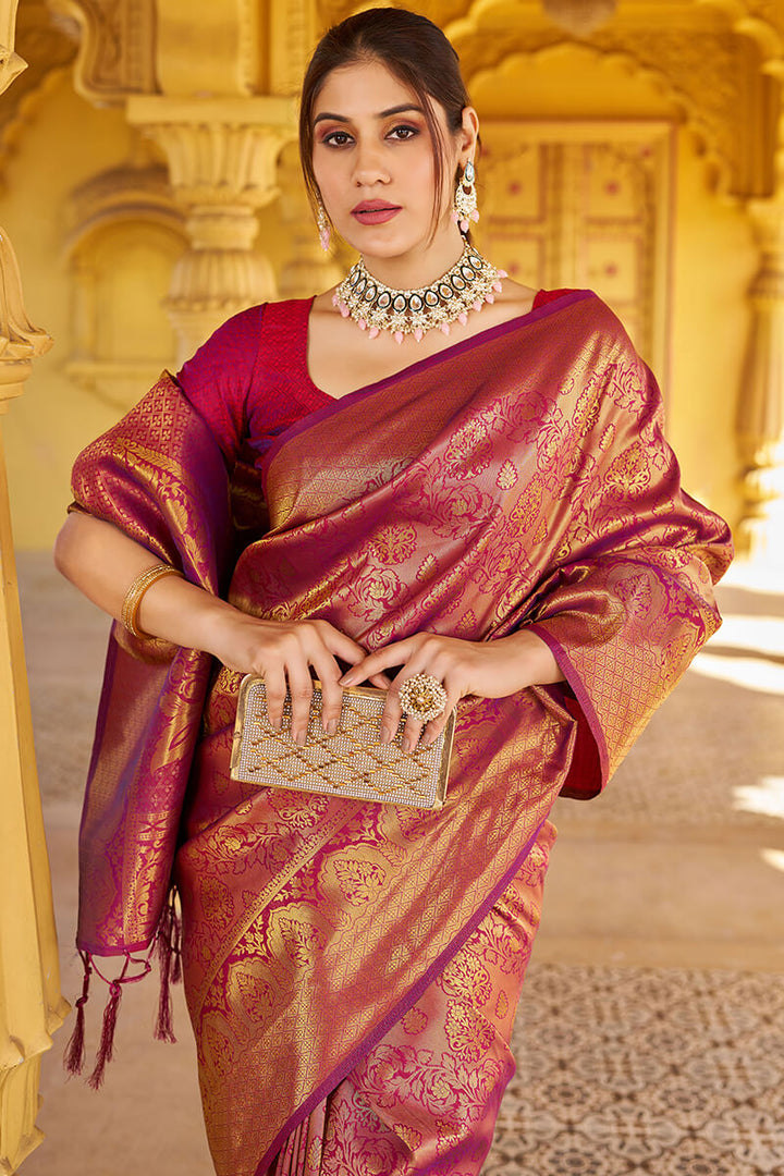 Beleaguer Purple Kanjivaram Silk Saree With Embrocation Blouse Piece