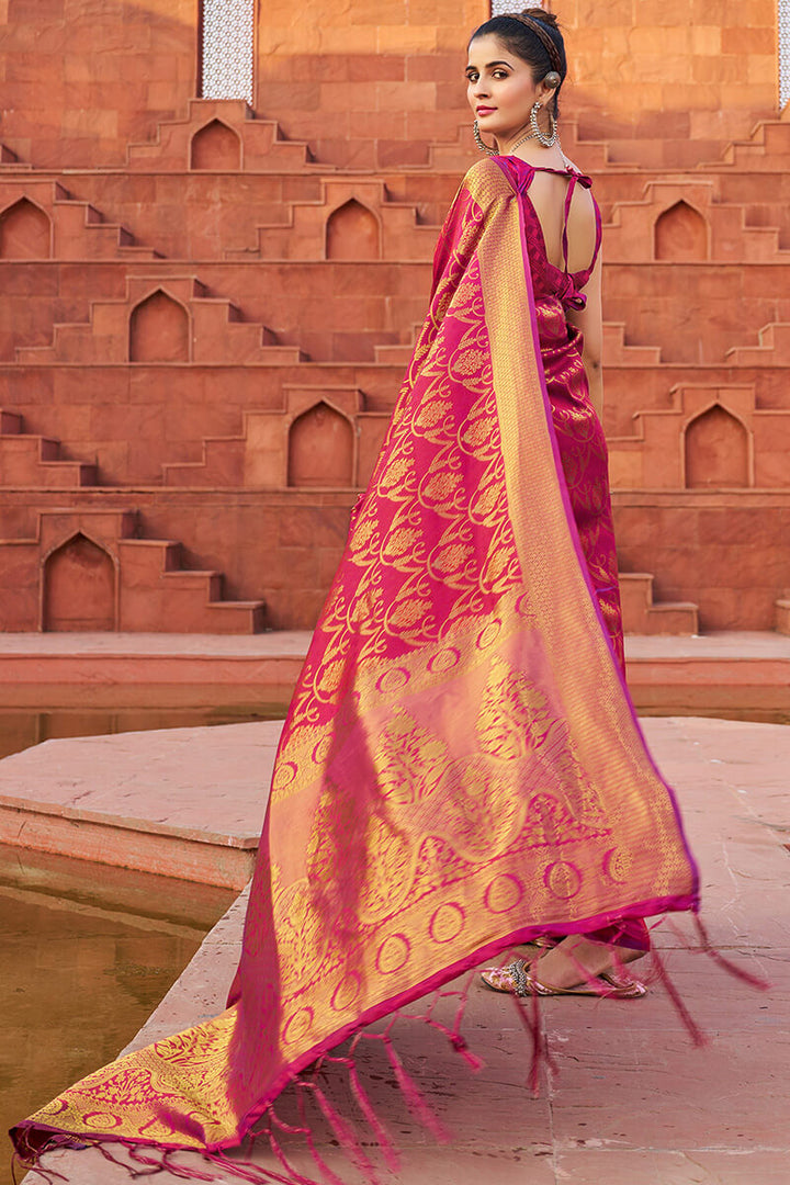 Fragrant Dark Pink Soft Banarasi Silk Saree With Profuse Blouse Piece