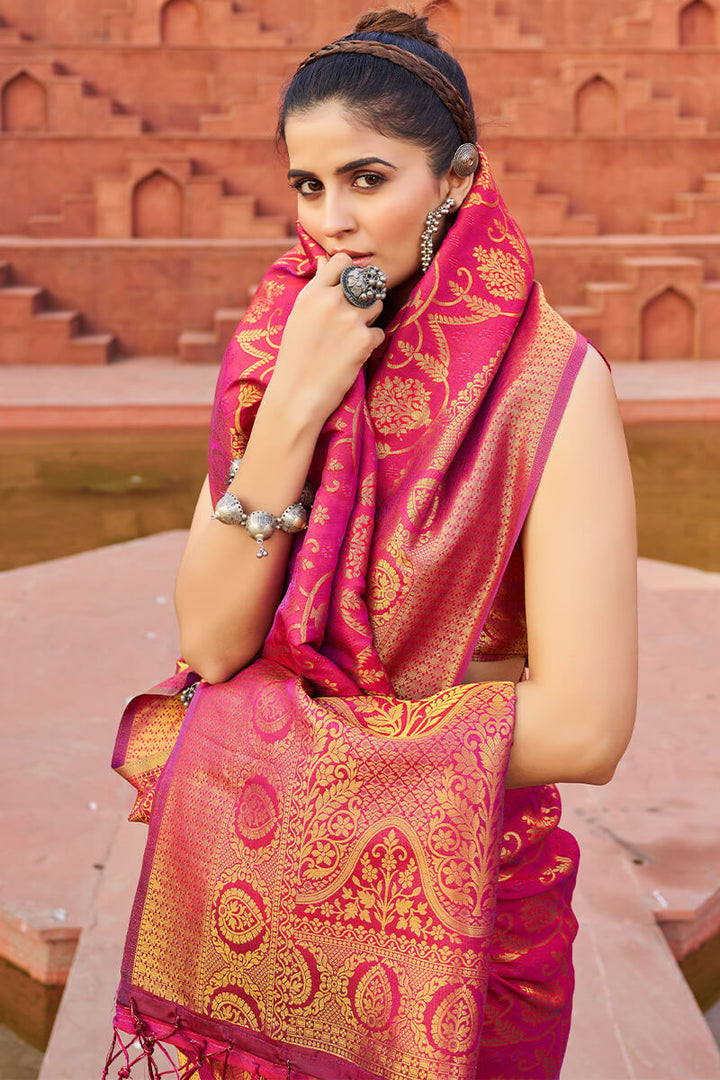 Fragrant Dark Pink Soft Banarasi Silk Saree With Profuse Blouse Piece