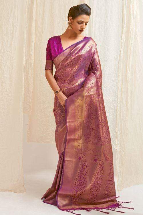 Amiable Purple Kanjivaram Silk Saree With Engaging Blouse Piece