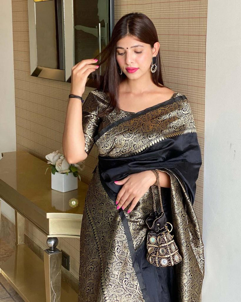 Black Banarasi Silk With Jacquard Work Saree With Attractive Blouse Piece
