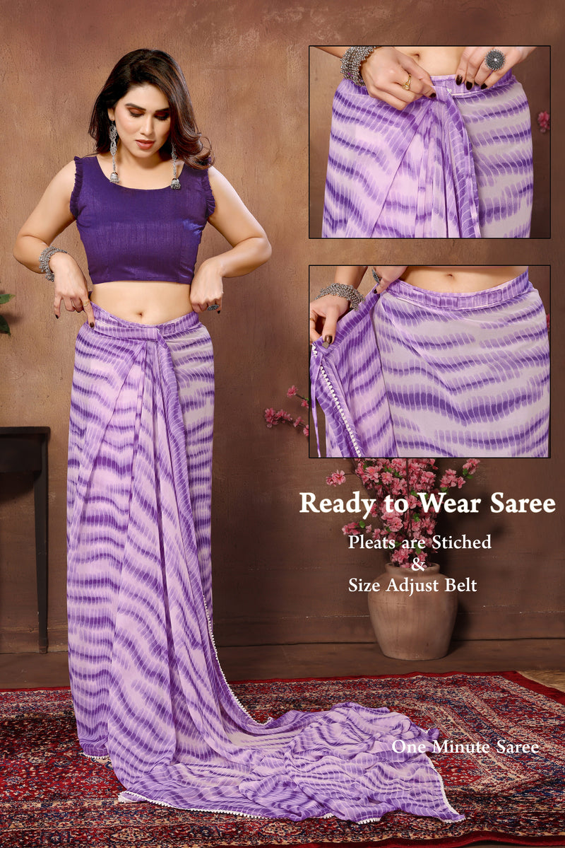 Purple Ready To Wear Saree With Attractive Banglori Blouse