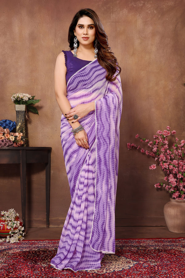 Purple Ready To Wear Saree With Attractive Banglori Blouse