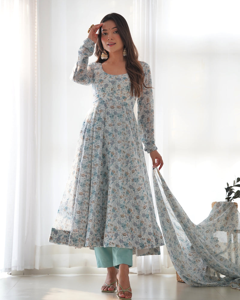 Heavy Organza Chiffon Floral Print Anarkali Gown With Dupatta