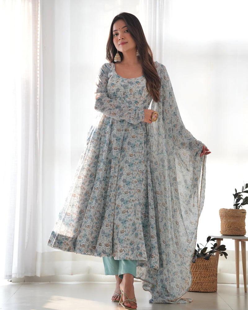 Heavy Organza Chiffon Floral Print Anarkali Gown With Dupatta