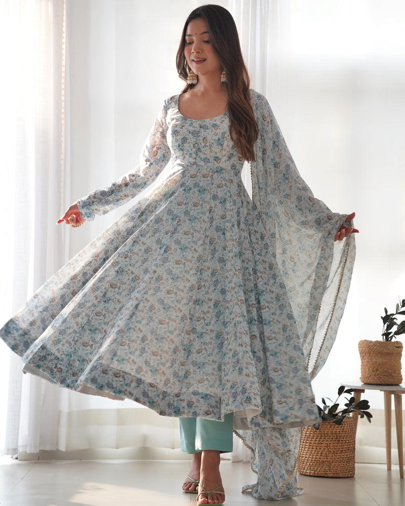 Heavy Organza Chiffon Floral Print Anarkali Gown With Dupatta