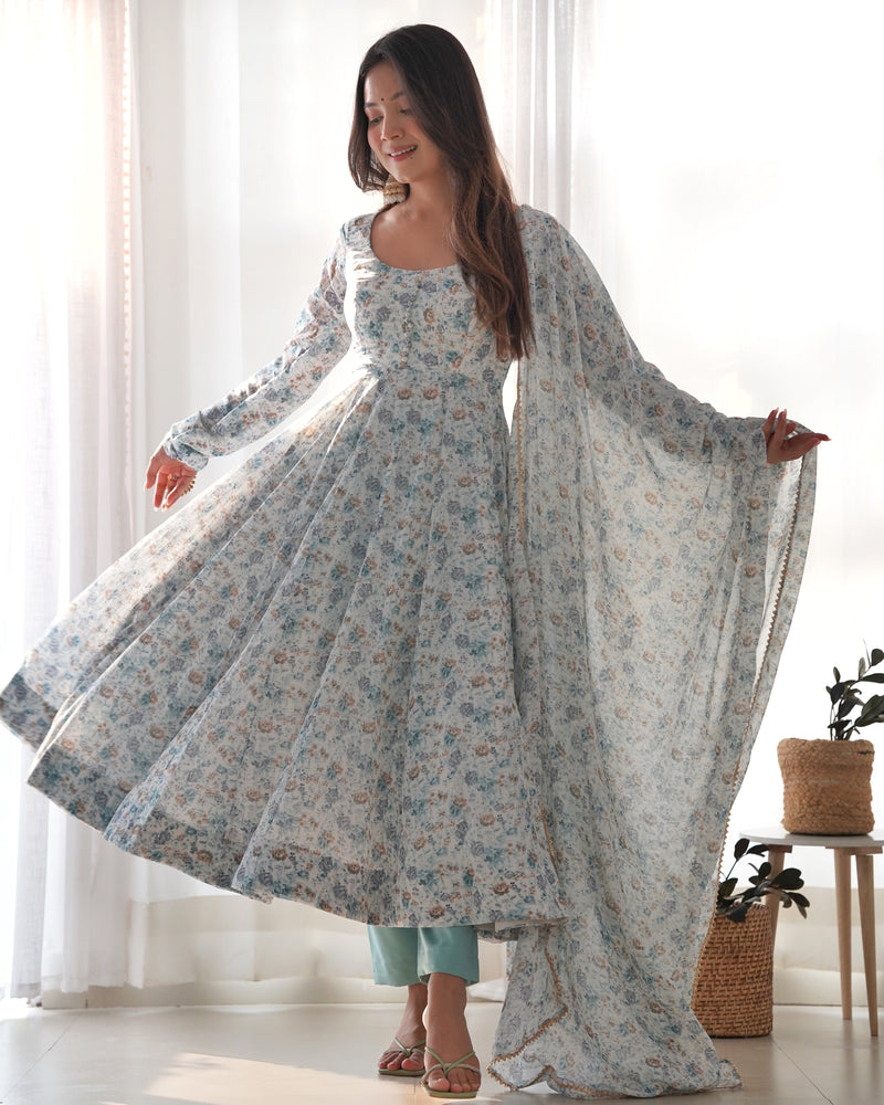 Heavy Organza Chiffon Floral Print Anarkali Gown With Dupatta