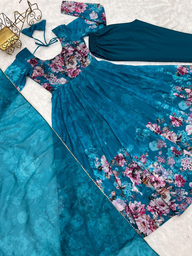 Blue Heavy Organza Chiffon Floral Print Anarkali Gown With Dupatta