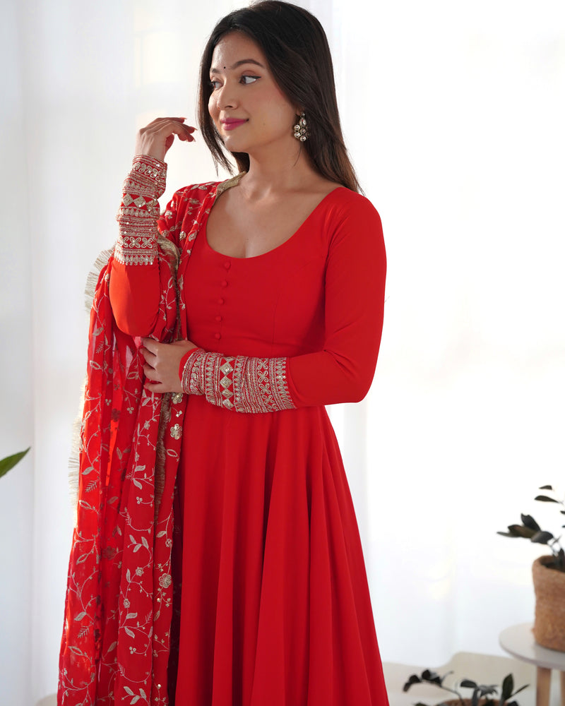 Red Georgette Anarkali Designer Gown With Dupatta