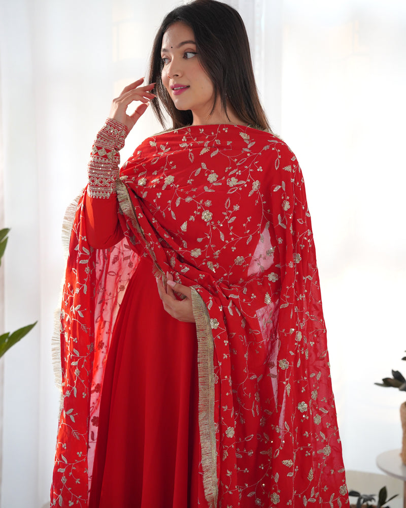 Red Georgette Anarkali Designer Gown With Dupatta